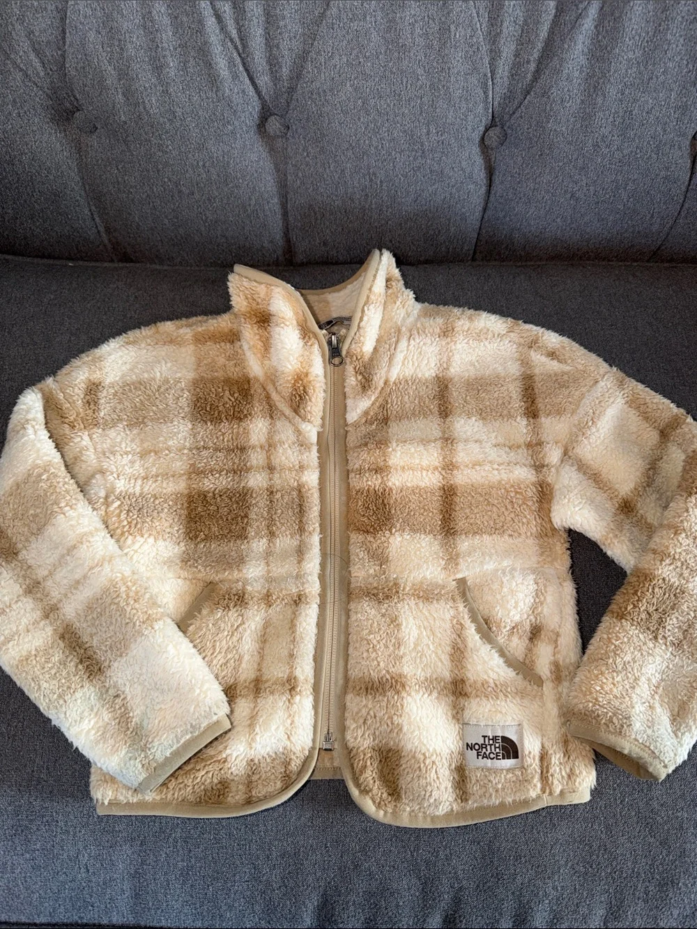 The North Face Kids Beige and Tan Plaid Fleece Jacket